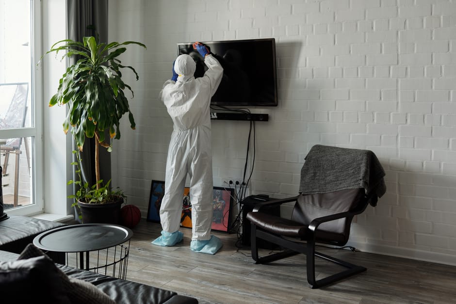 A person dressed in white protective clothing, including a full-body suit, gloves, and shoe covers, is performing surface cleaning or sanitisation on a wall-mounted flat-screen television in a modern living room. The room features a white brick wall, a black armchair with a grey throw draped over it, and a large green potted plant near a glass door that leads to an outside balcony. The wooden floor appears clean, and a black coffee table and framed pictures are visible in the background. The lighting is natural, coming from the nearby balcony, and the scene emphasizes thorough cleaning and maintenance to ensure hygiene and sanitisation, as offered by Pimlico Cleaner with their mould removal solutions for basement flats in Pimlico.