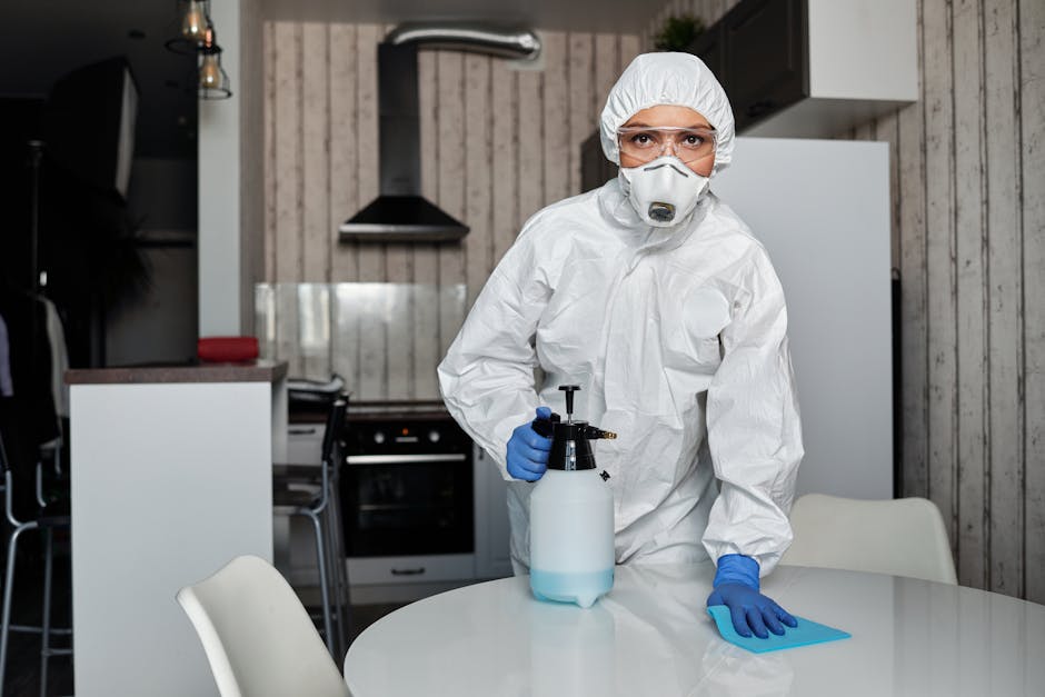A professional cleaner dressed in white protective coveralls, including an N95 mask, goggles, and blue gloves, stands at a round white table in a modern kitchen. The cleaner holds a spray bottle in one hand and a blue cleaning cloth in the other, ready for surface cleaning or sanitisation. The kitchen features a wooden-paneled wall, a stainless steel stove hood, and a white refrigerator in the background. The table appears clean and free of dust or debris, and the lighting is bright and evenly distributed, emphasizing a hygienic environment suitable for deep cleaning services promoted by Pimlico Cleaner.