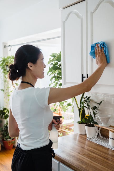 A woman with dark hair tied back in a low bun is engaged in surface cleaning within a bright, modern kitchen. She is wearing a white t-shirt and black apron, using a blue microfiber cloth to wipe the surface of a white kitchen cabinet door. The kitchen features a light-colored wooden countertop, where there are small potted plants and kitchen tools, including a white bowl and a metallic rack. In the background, natural light filters through a window, illuminating the space and highlighting the clean, shiny surfaces. The scene emphasizes domestic cleaning and deep cleaning practices, consistent with Pimlico Cleaner's spring cleaning checklist for homeowners in Pimlico, and showcases the importance of sanitisation and maintaining hygiene in household spaces.